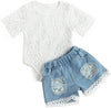Toddler Infant Baby Girl Clothes Embroidered Lace Romper Ripped Jeans Denim Pants Outfit Set