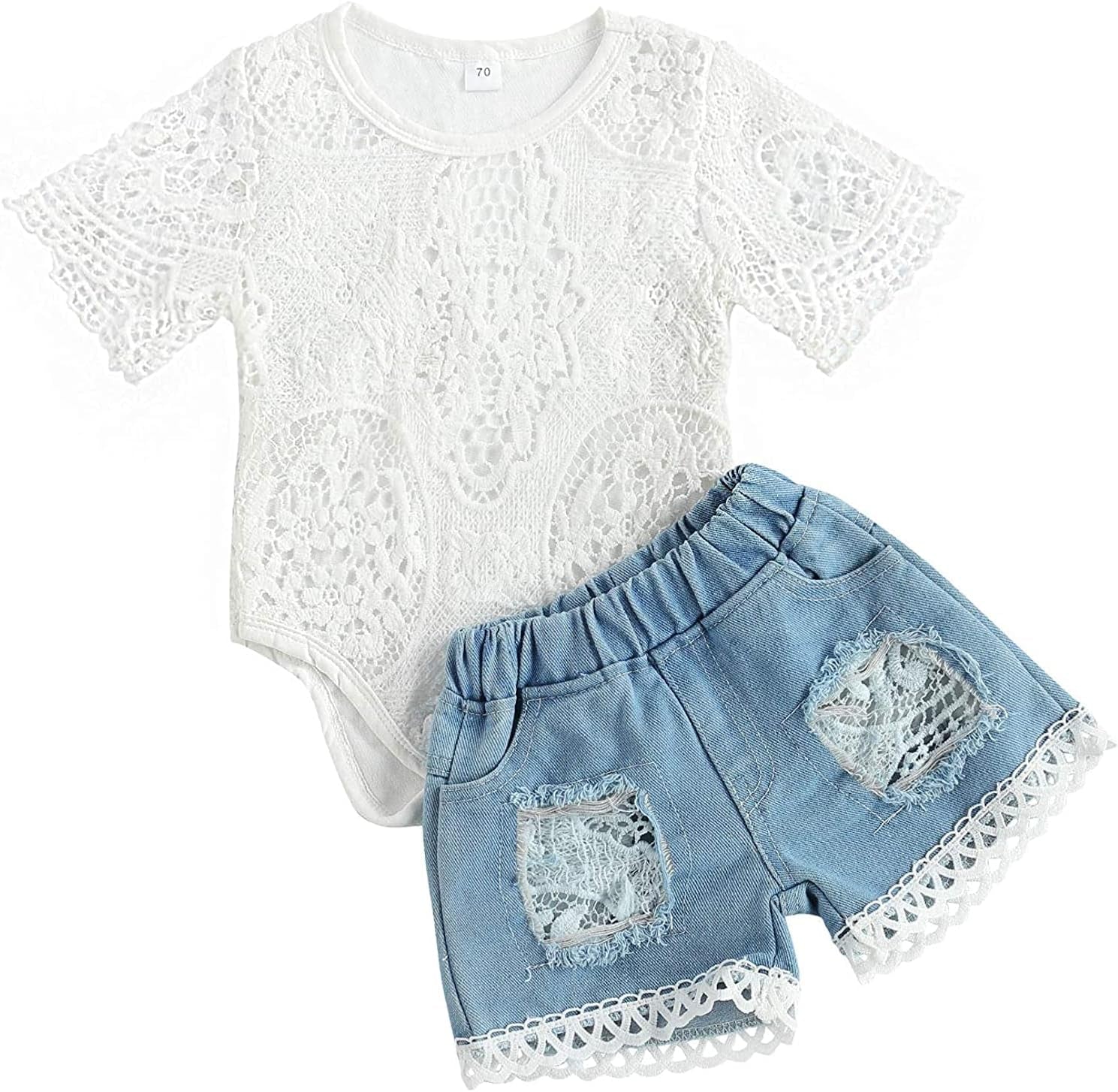 Toddler Infant Baby Girl Clothes Embroidered Lace Romper Ripped Jeans Denim Pants Outfit Set