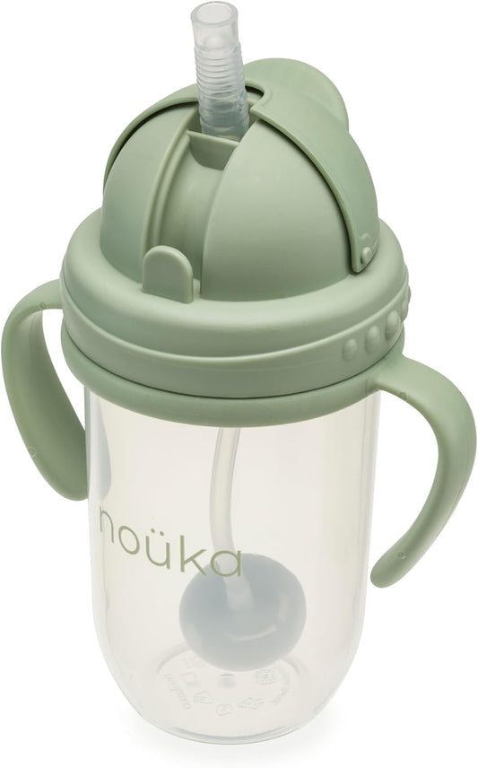 Nouka Weighted Straw Cup with Click Top Lid | Leak Proof and Easy Grip | Removable Handles | Moss