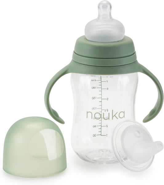 Transitional Baby Bottle/Sippy Cup | Non Spill | Easy Grip Double Handles | Dishwasher Friendly | Moss | Size 8 Oz