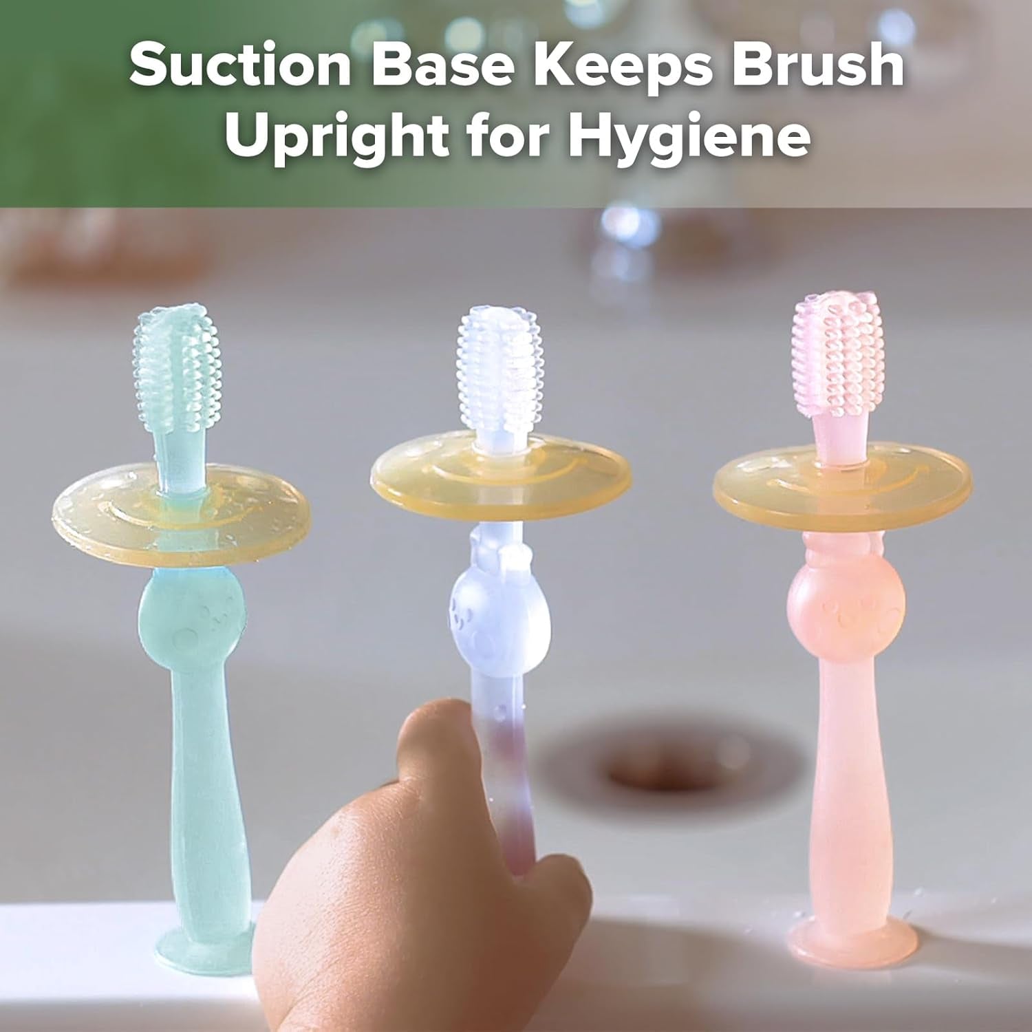 360° Baby Toothbrush with Suction Base - Gentle Cleaning for Infant Self-Brushing Training, Food-Grade Silicone, Adjustable Safety Shield - Translucent (1 Piece)