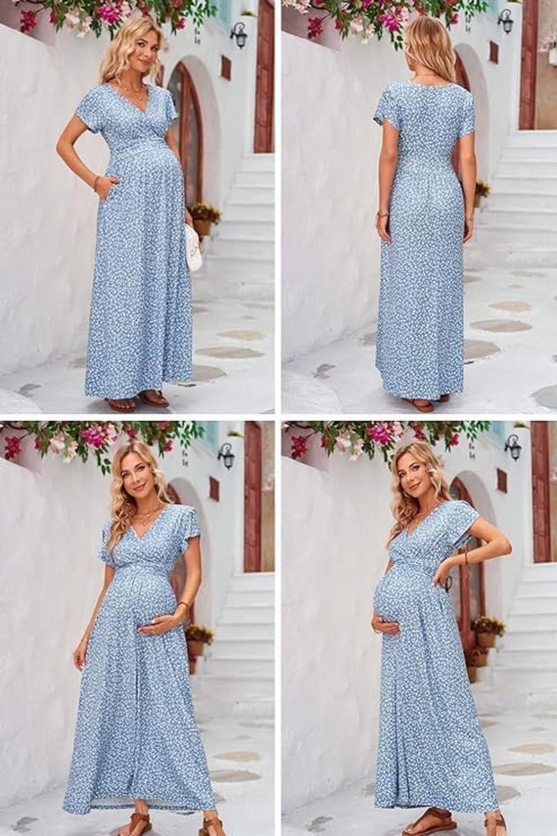 Maternity Maxi Dress Wrap V Neck Baby Shower Pregnancy Nursing Dresses