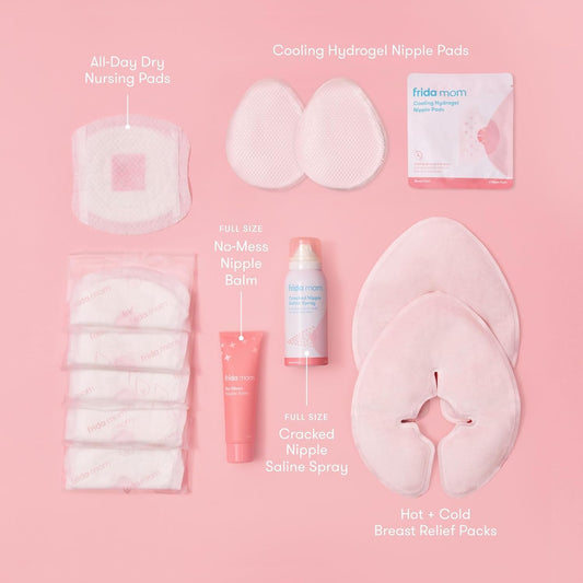 Breastfeeding Survival Kit for Nursing Moms, Reusable Hot+Cold Breast Relief Packs, Hydrogel Nipple Pads, Cracked Nipple Saline Spray, Nipple Balm, Nursing Pads, 13 Piece Gift Set