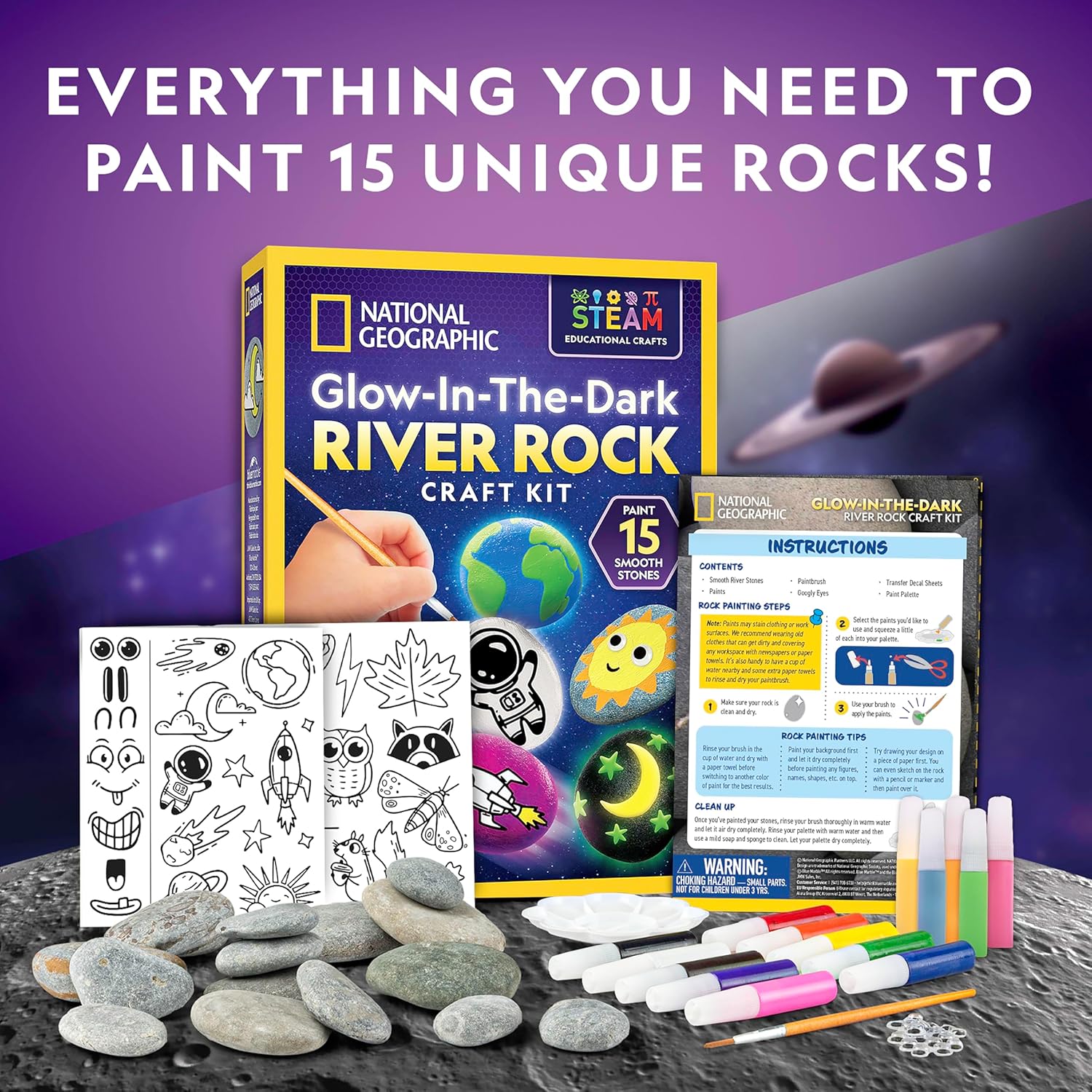 NATIONAL GEOGRAPHIC Glow in the Dark Rock Painting Kit - Arts & Crafts Kit for Kids, Decorate 15 River Rocks with 15 Paints & Art Supplies, Kids Craft