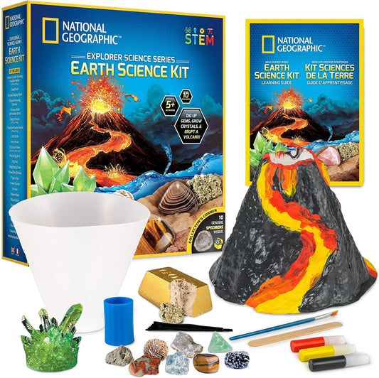 NATIONAL GEOGRAPHIC Earth Science Kit - Science Experiments & STEM Activities for Kids, Crystal Growing, Build a Volcano, Gemstone Dig Brick & Rock Collection, Geology Kit for Kids