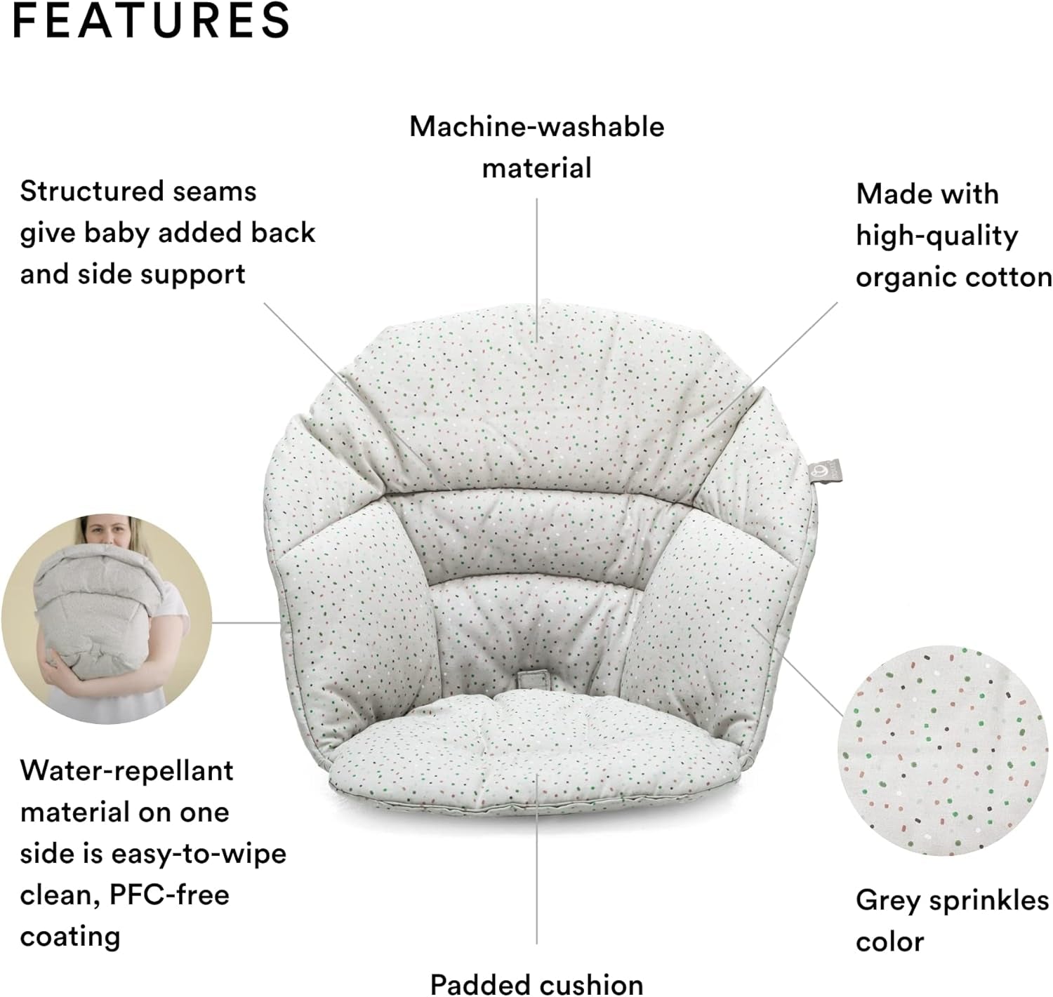 Clikk Cushion, Grey Sprinkles - Compatible with  Clikk High Chair - Provides Support for Babies - Made with Organic Cotton - Reversible & Machine Washable - Best for Ages 6-36 Months