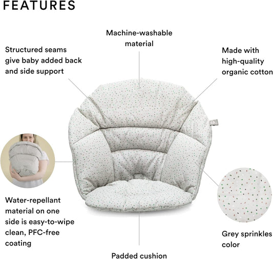 Clikk Cushion, Grey Sprinkles - Compatible with  Clikk High Chair - Provides Support for Babies - Made with Organic Cotton - Reversible & Machine Washable - Best for Ages 6-36 Months