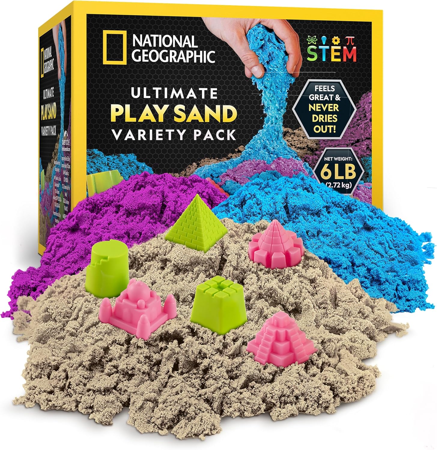 NATIONAL GEOGRAPHIC 2.7 Kg Play Sand Combo Pack - 907 G Each of Blue, Purple and Natural Sand with Castle Molds - a Sensory Activity