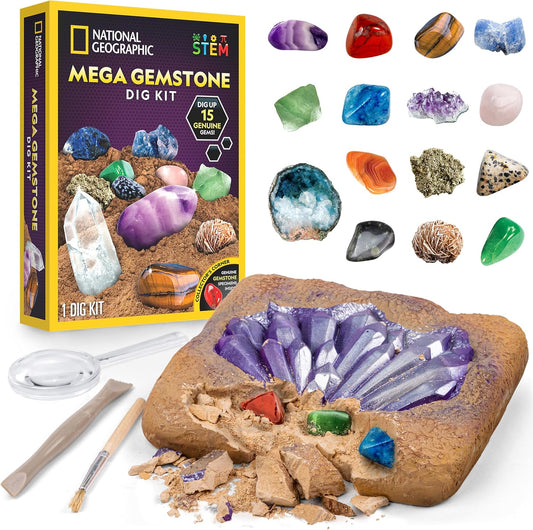 National Geographic Mega Gemstone Dig Kit – Dig up 15 Real Gems, STEM Science & Educational Toys Make Great Kids Activities