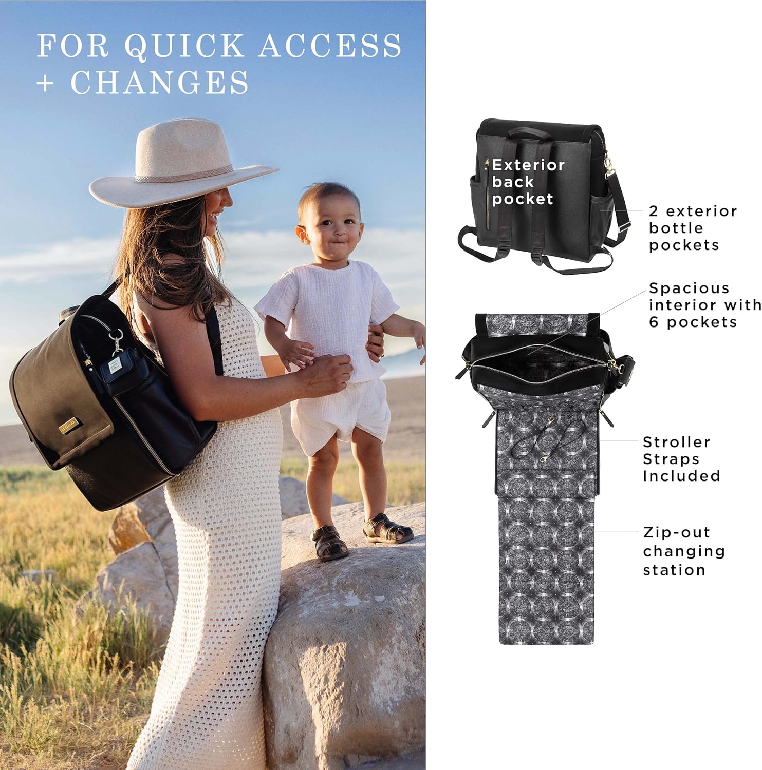 Boxy Backpack, Diaper Bag, Stylish Baby Bag, Spacious Backpack, On-The-Go Moms, Twilight Black