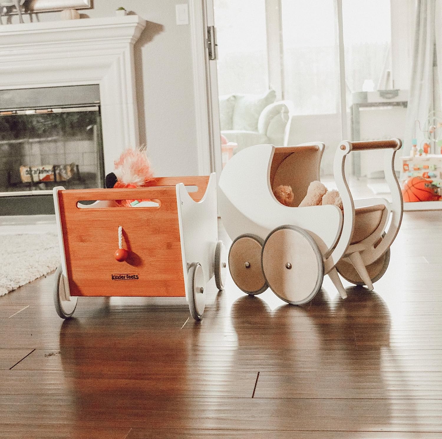 Pram Walker - Toy Stroller for Babies, Kids and Toddlers | Sustainable and Eco-Friendly | 2-In-1 Walker and Stroller Design | Storage Space for Stuffed Animals | 12 Months up (White)