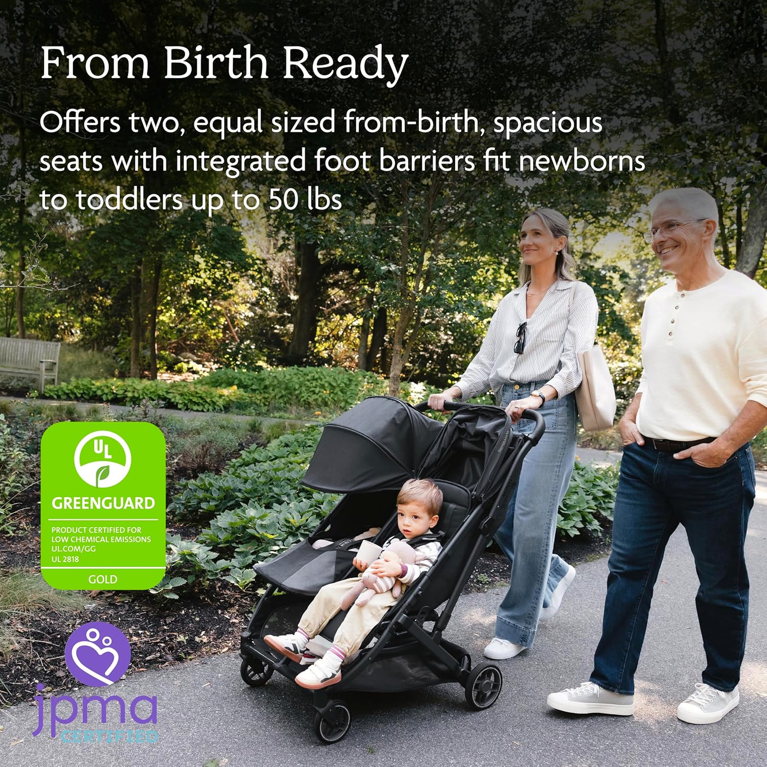Minu Duo Side-By-Side Double Stroller - Lightweight + Compact Design for Travel - Easy Fold- from Birth to Toddler - Independent Recline -Greyson(Charcoal Mélange/Carbon Frame/Saddle Leather)