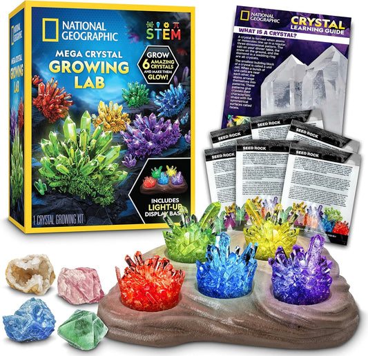National Geographic Mega Crystal Growing Kit for Kids- Grow 6 Crystals with Light-Up Stand, Science Gifts for Kids 8-12, Crystal Making Experiment, Science Kit for Girls and Boys