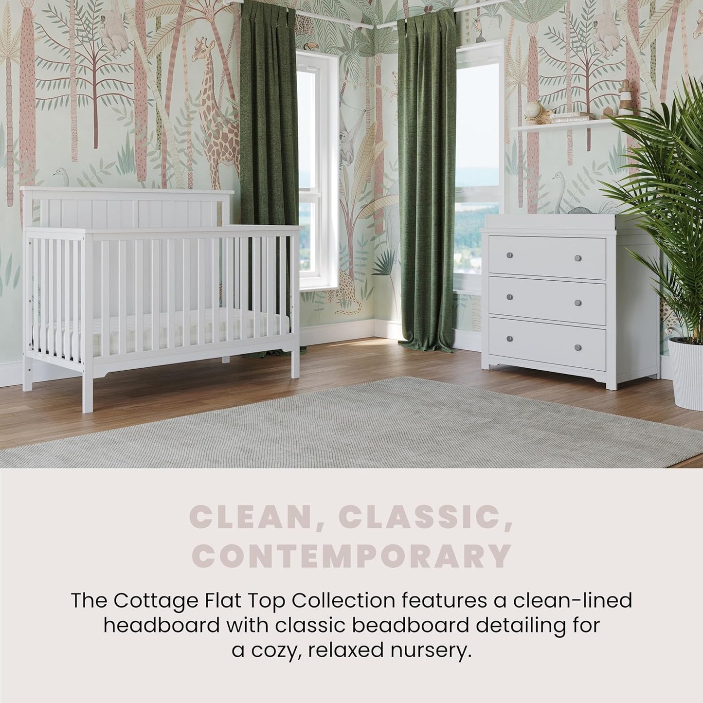 Cottage Flat Top 4 in 1 Convertible Crib, Converts from Crib to Toddler Bed, Daybed and Full-Sized Bed, Fits Standard Crib Mattress (Matte White)