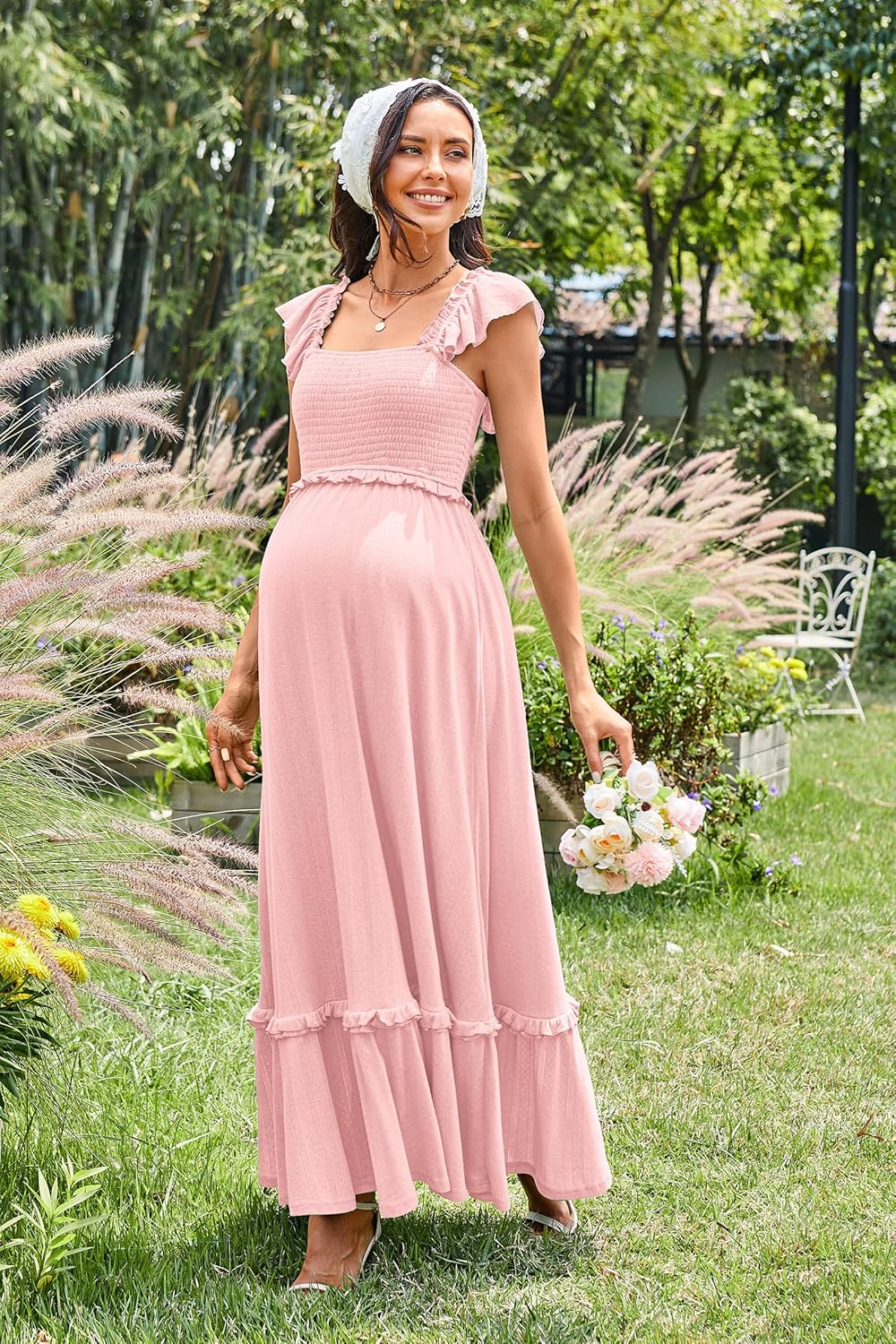 Womens 2025 Summer Maternity Photoshoot Dress Boho Maxi Smocked Baby Shower Dress Ruffle Sleeve Maternity Clothes