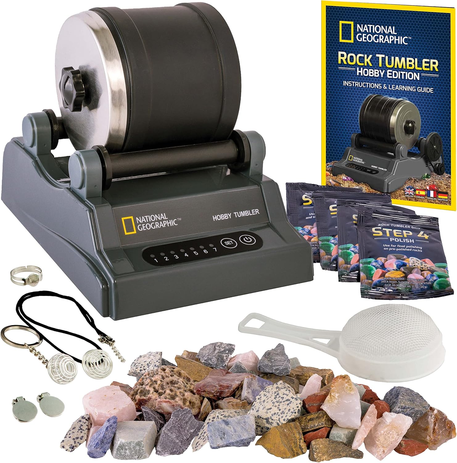 NATIONAL GEOGRAPHIC Hobby Rock Tumbler Kit - Includes Rough Gemstones, 4 Polishing Grits, Jewelry Fastenings, Learning Guide, Great Stem Science Kit