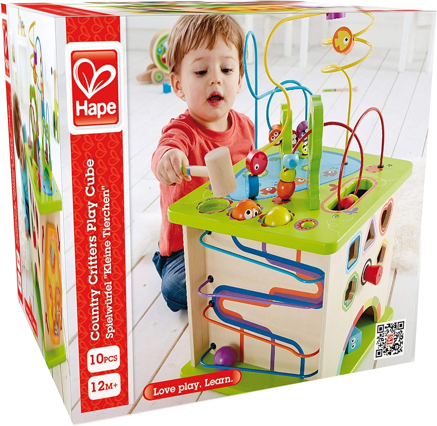 Country Critters Wooden Activity Play Cube by  International International International | Wooden Learning Puzzle Toy for Toddlers, 5-Sided Activity Center with Animal Friends, Ss, Mazes, Wooden Balls, S Sorter Blocks and More