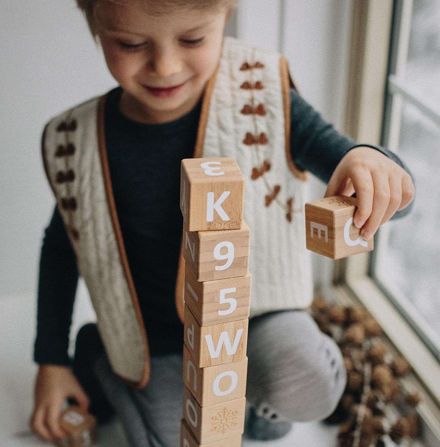 ABC Wooden Toy Blocks | Stacking and Play Activity Toy for Toddlers and Children | Educational Toy for Learning the Alphabet & Numbers | Bamboo (18Pcs)