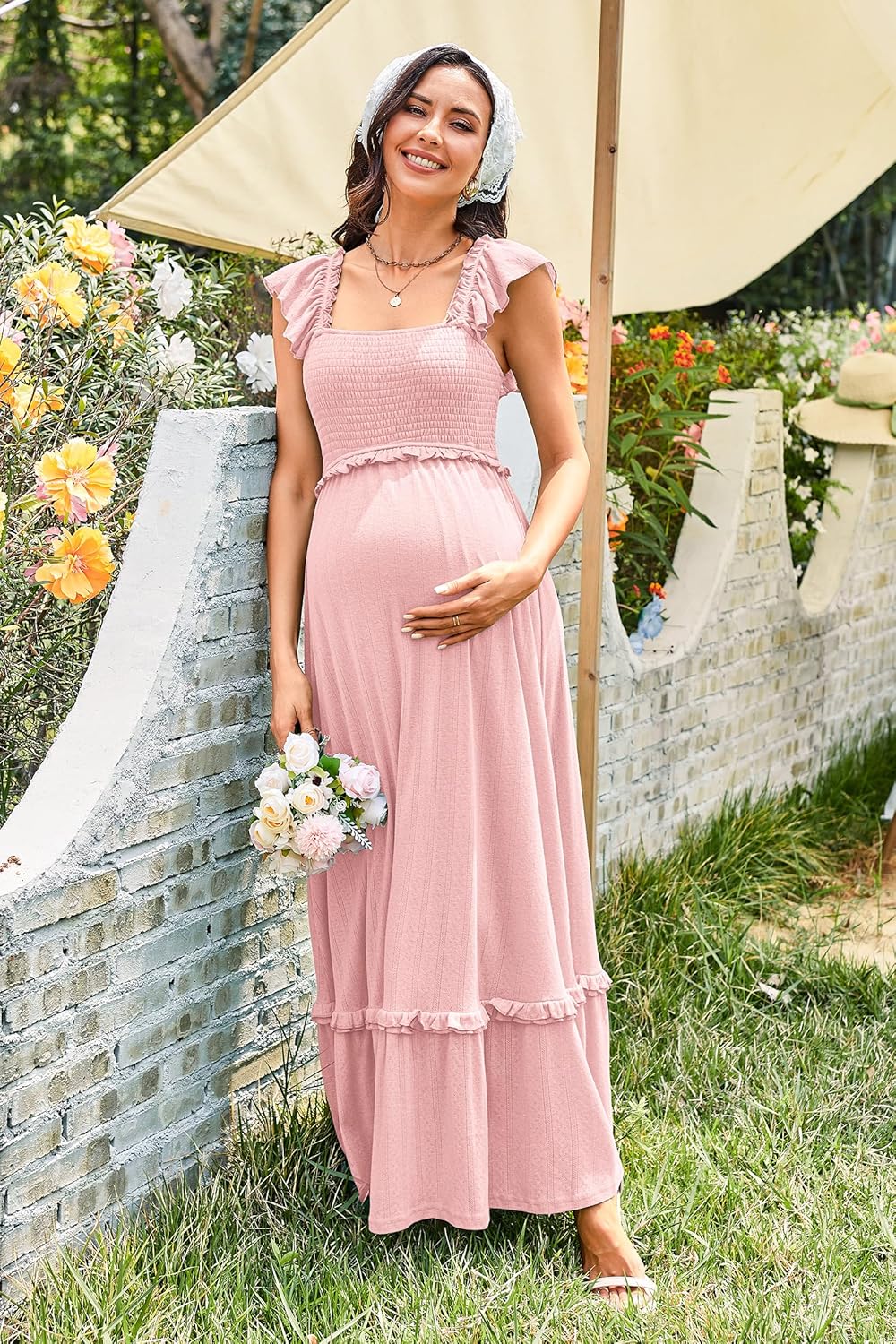 Womens 2025 Summer Maternity Photoshoot Dress Boho Maxi Smocked Baby Shower Dress Ruffle Sleeve Maternity Clothes