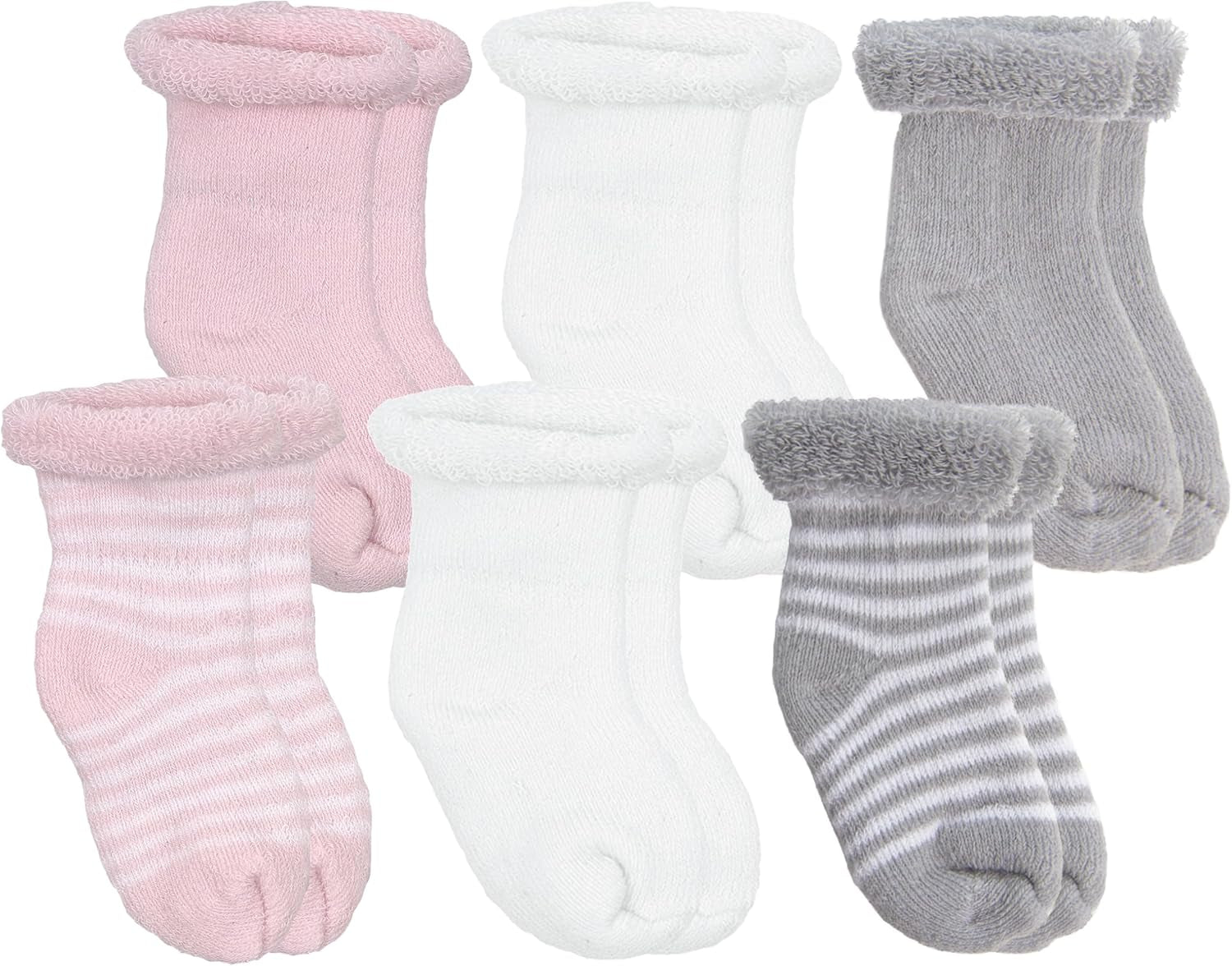6-Pack Terry Newborn Socks - Pink/Grey