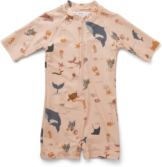 Toddler Boy One Piece Swimsuit Zipper Rashguard Full Body Sunsuit Stripe Seersucker Swimwear Short Sleeve Bathing Suit