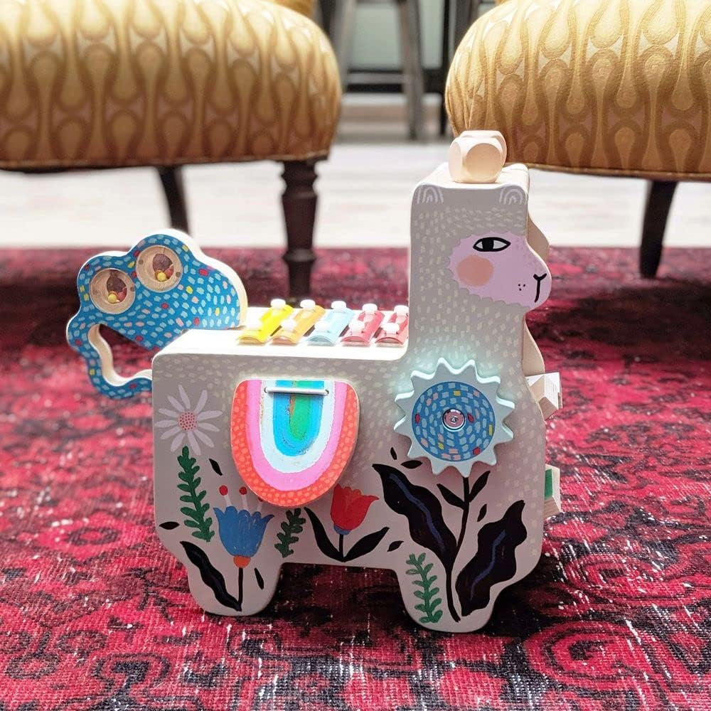 Musical Llama Wooden Instrument for Toddlers with Maraca, Clacking Saddlebags, Drumsticks, Washboard & Xylophone