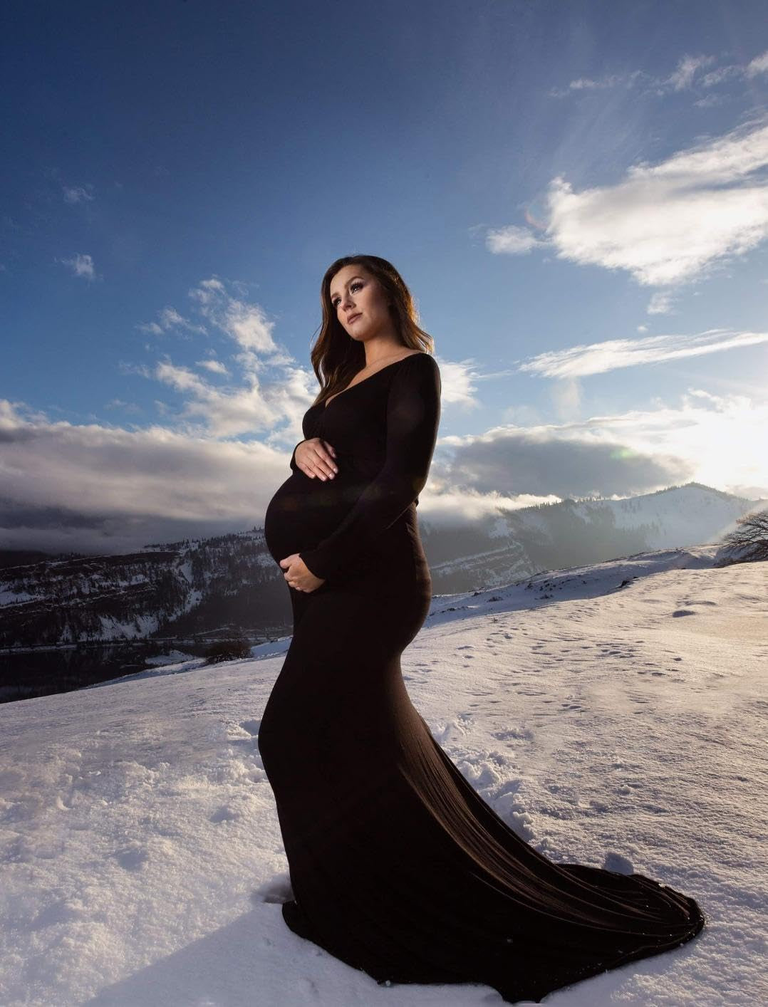 Maternity Fitted Gown V Neck Ruched Long Sleeve Maxi Photography Dress