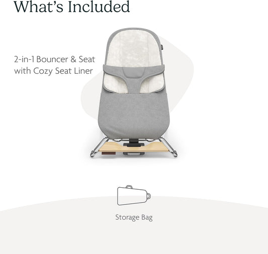 Mira Bouncer/Portable 2-In-1 Bouncer + Seat Grows with Your Baby/Greenguard® Gold, JPMA + FSC® Certified/Cozy Seat Liner + Storage Bag Included/Stella (Grey Mélange/Silver Chrome/Maple Wood)
