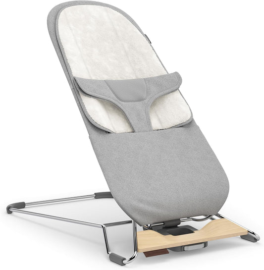Mira Bouncer/Portable 2-In-1 Bouncer + Seat Grows with Your Baby/Greenguard® Gold, JPMA + FSC® Certified/Cozy Seat Liner + Storage Bag Included/Stella (Grey Mélange/Silver Chrome/Maple Wood)