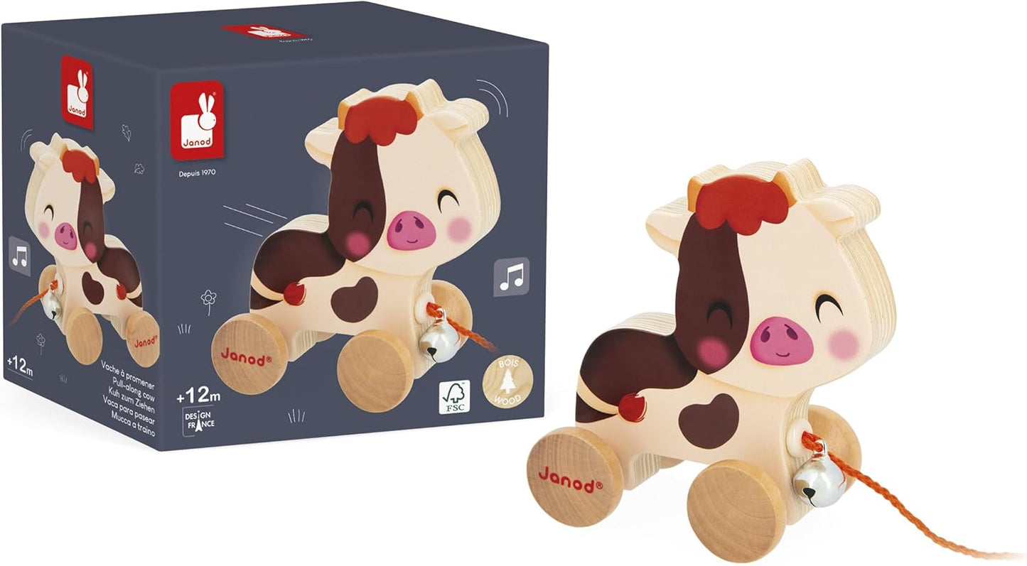 J03324 Wooden Running Cow with Bell Learning Toy for Pulling and Pushing Motor Skills and Imagination Learning Cord 50 Cm Suitable for Small Hands Fsc-Certified from 12 Months