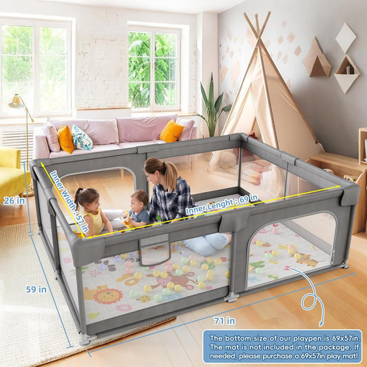 Baby Playpen, 71"X59" Extra Large Playard for Babies and Toddlers, Baby Activity Center with 8 Suction Cup Bases, Infants Play Pen with 2 Gates and Soft Breathable Mesh, without Mat