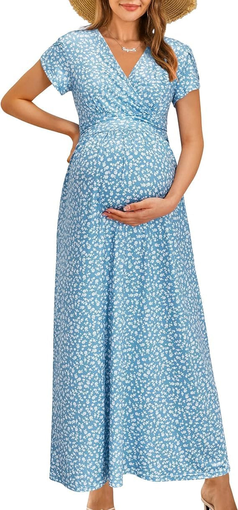 Maternity Maxi Dress Wrap V Neck Baby Shower Pregnancy Nursing Dresses