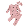 New Born Baby Ribbed Clohtes Suit Girl Boy Heart Print Crew Neck Lace Long Sleeve Top, Long Pants and Hairband 3-Piece Suits