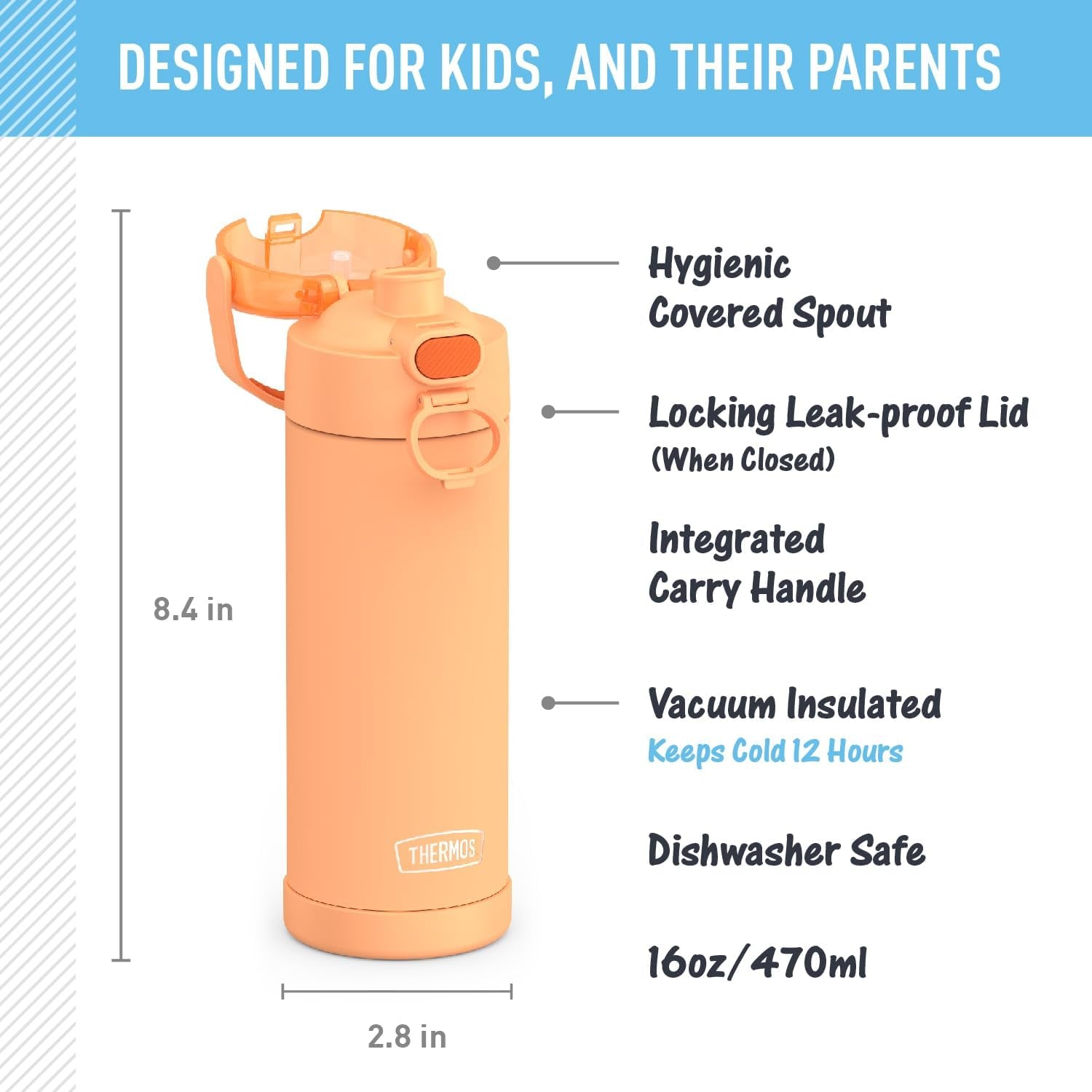 FUNTAINER 16 Ounce Stainless Steel Vacuum Insulated Bottle with Spout and Locking Lid, Orange