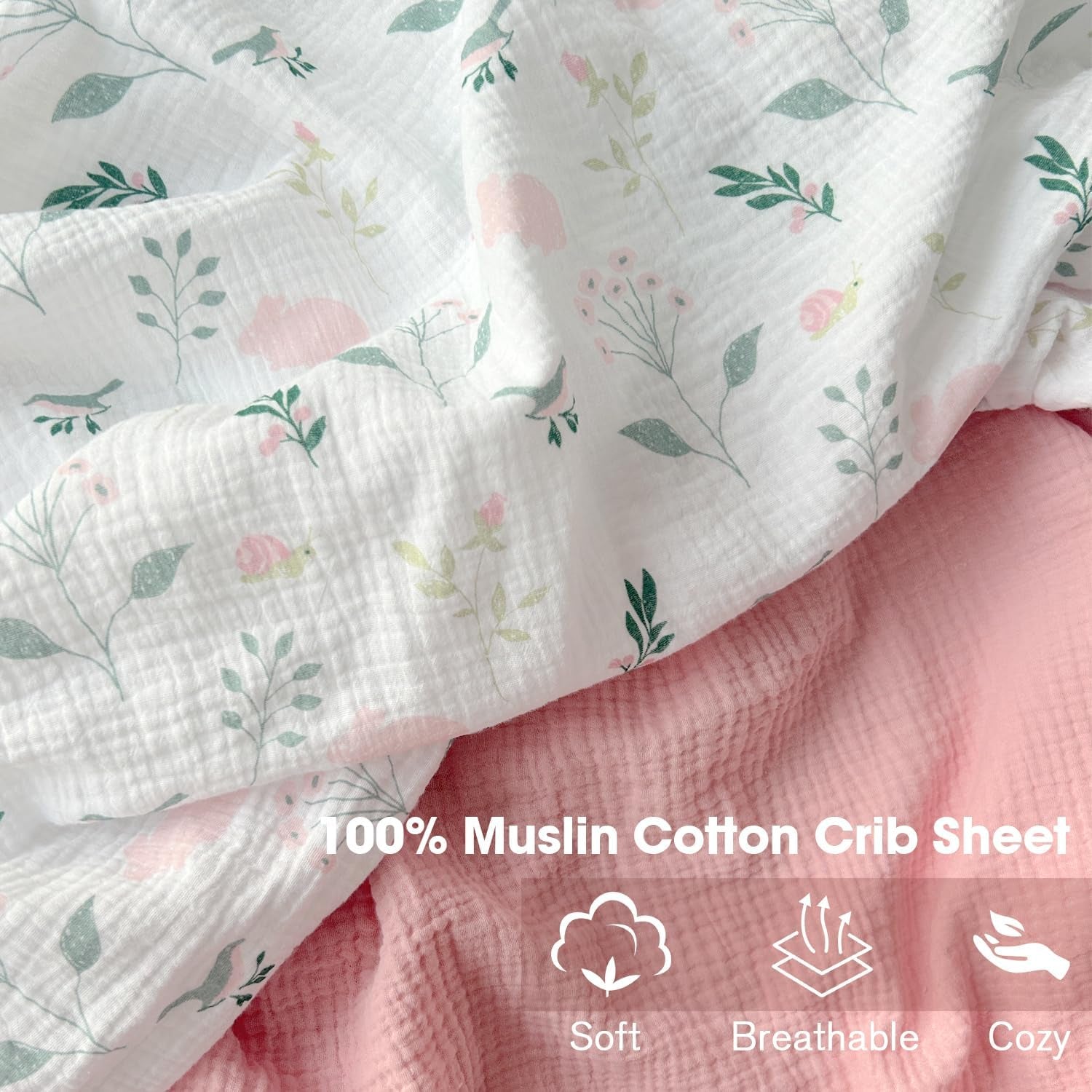 Muslin Crib Sheet,2Pk 100% Cotton Crib Sheets for Standard Crib Mattress & Toddler Bed Mattress 52"X28", Soft Breathable Neutral Crib Sheets Fitted for Boys Girls, Pink Bunny