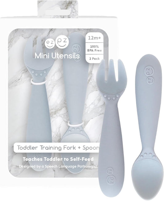 Mini Utensils (Fork & Spoon) - 100% BPA Free Fork and Spoon for Toddlers First Foods + Self-Feeding - Designed by a Pediatric Feeding Specialist - 12 Months+ (Pewter)