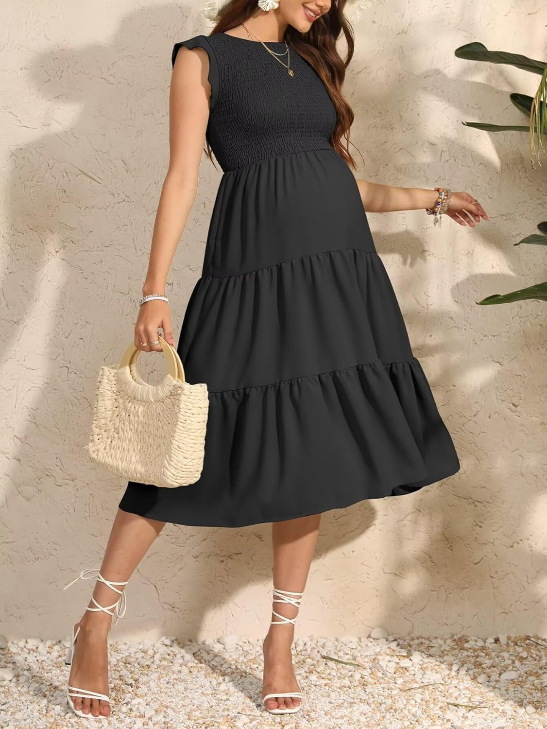 Maternity Dress Summer Midi Dress Smocked Tiered Casual Dress Flying Sleeve Baby Shower Photoshoot