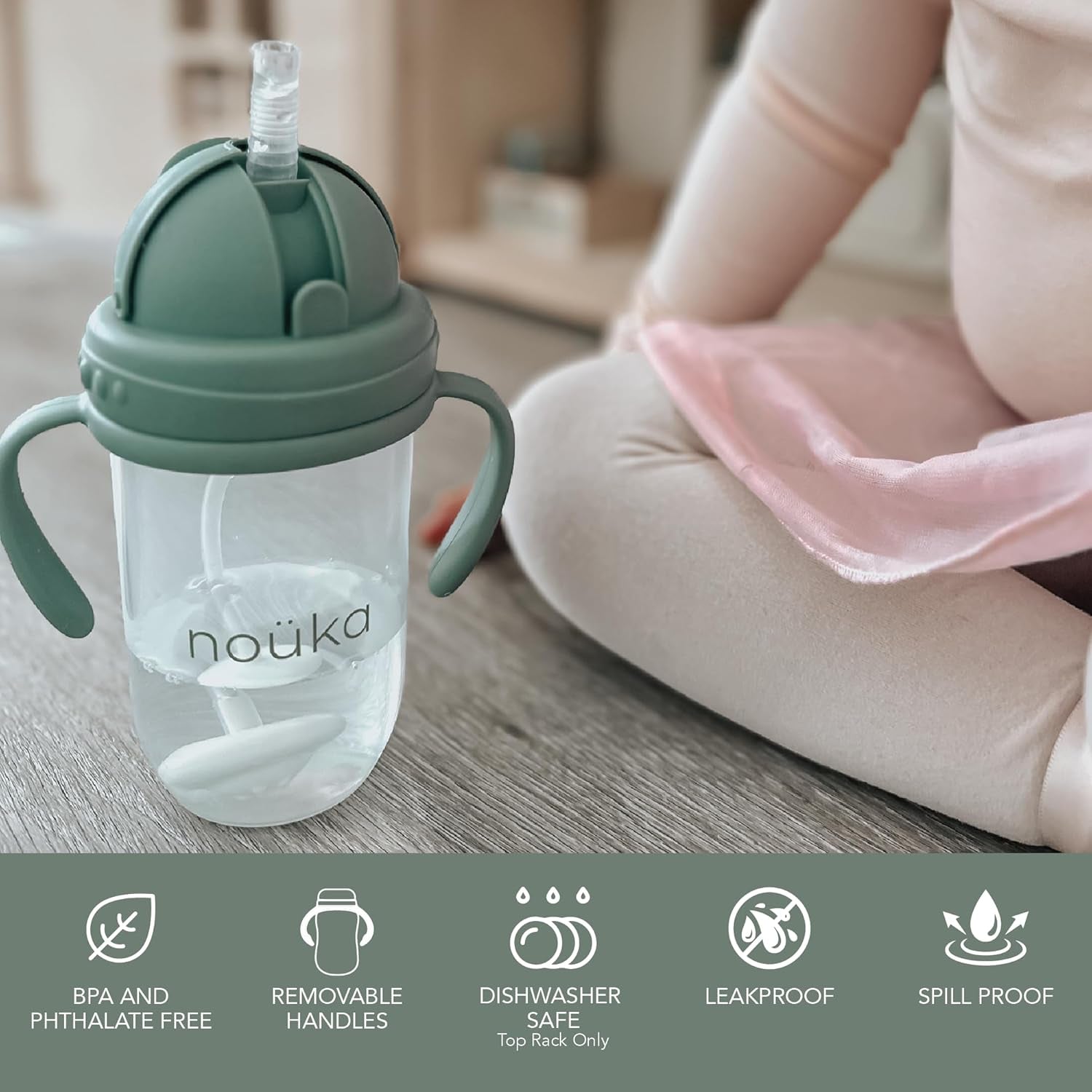 Nouka Weighted Straw Cup with Click Top Lid | Leak Proof and Easy Grip | Removable Handles | Moss