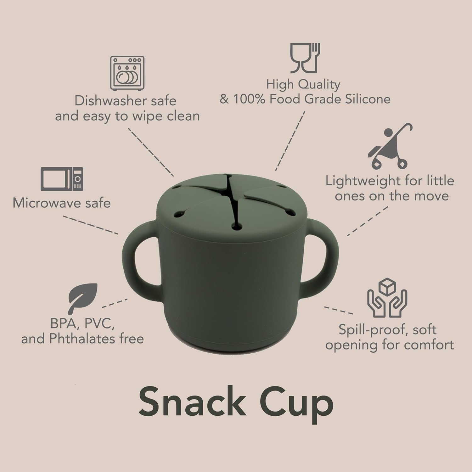 Nouka Snack Cup | 100% Food-Grade Silicone | Soft & Perfect for Snacking | Easy Grip Double Handles | Dishwasher Friendly | Fern | Size 12 Oz