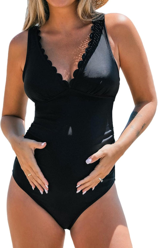 Women'S One Piece Swimsuit Maternity Bathing Suit Scalloped Back Tie Pregnancy Swimwear