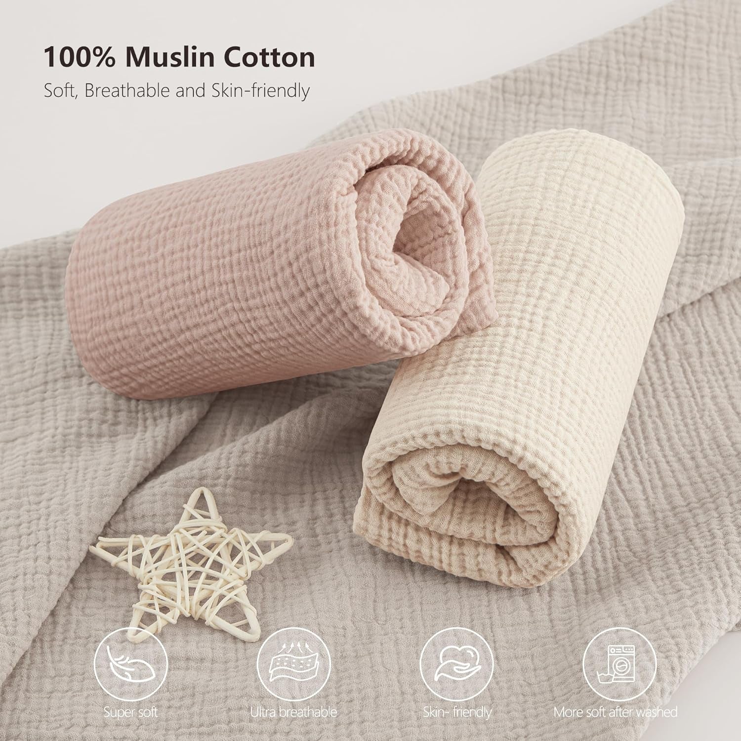 Muslin Crib Sheets 100% Cotton Baby Crib Sheets Fitted for Standard Crib Mattress & Toddler Bed Mattress 52"X28" Soft Breathable Crib Sheet Neutral for Boys Girls - 2 Pack (Baby Face)