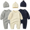 Autumn Newborn Girl Boy Knitted Jumpsuits Outfits Baby Rompers Caps Clothes Sets Winter Long Sleeve Toddler Infant Overalls 2Pcs