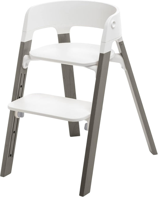 Steps Chair - White Seat with Hazy Grey Legs - 5-In-1 Seat System - Can Transform into Newborn + Toddler High Chair - for Children up to 187 Lbs. - Tool Free, Stylish & Adjustable