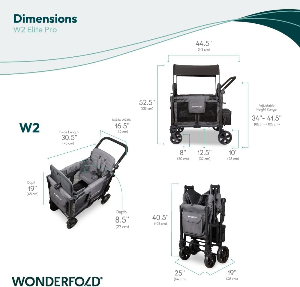 W2 Elite Pro Stroller Wagon (2 Seater) - Collapsible Wagon Stroller with Seats with 5-Point Harnesses, Adjustable Push Handle, and Adjustable Sun Canopy, Charcoal Gray
