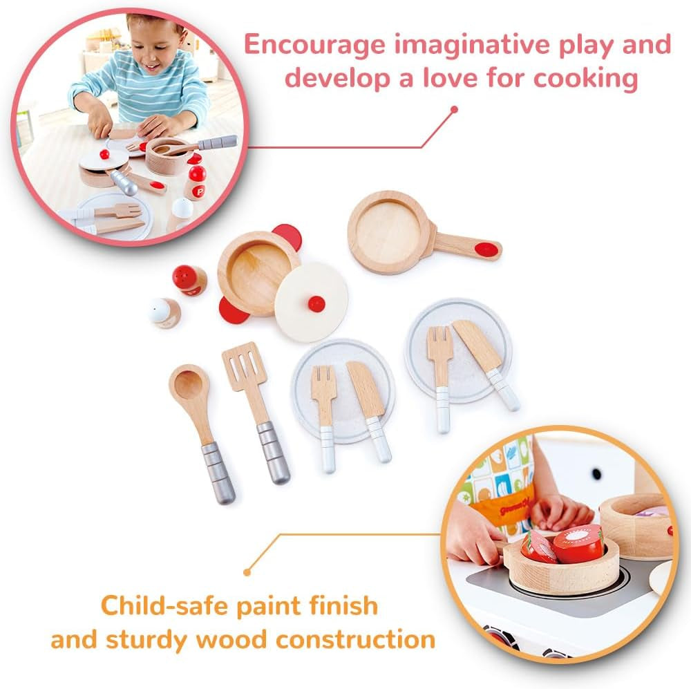 Cook & Serve Set | 13 Piece Wooden Pretend Play Cooking Set with Accessories