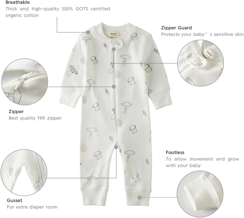 Organic Cotton Baby Boy Girl Zip up Sleep N Play, Footless, Long Sleeve Pajamas