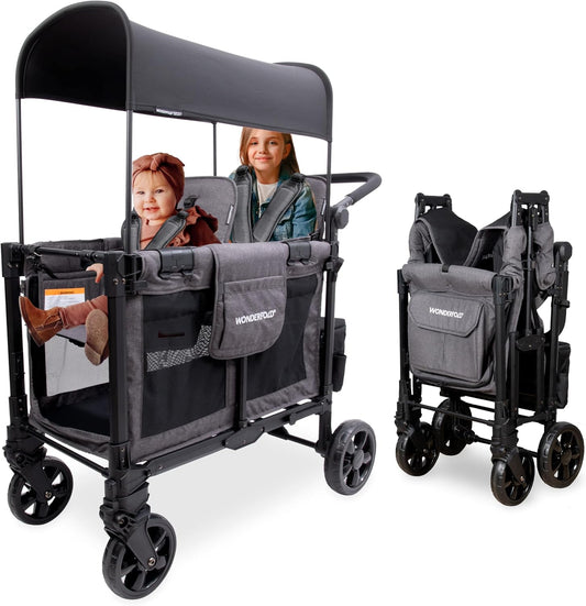 W2 Elite Pro Stroller Wagon (2 Seater) - Collapsible Wagon Stroller with Seats with 5-Point Harnesses, Adjustable Push Handle, and Adjustable Sun Canopy, Charcoal Gray