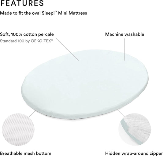 Sleepi Mini Fitted Sheet, Powder Blue - Soft Sheets for Sweet Dreams - Made for the Oval Sleepi Mini Mattress - Safe, Stylish & Washable - 100% Fine Cotton Percale