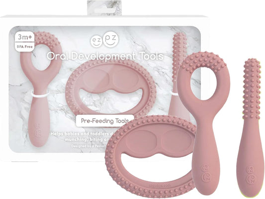 Oral Development Tools (3 Pack in Blush) - Non-Slip Loop, Smile and Stick, 100% Silicone Tools That Encourage Speech Sound - Sensory Bumps - Dishwasher Safe - 3 Months+