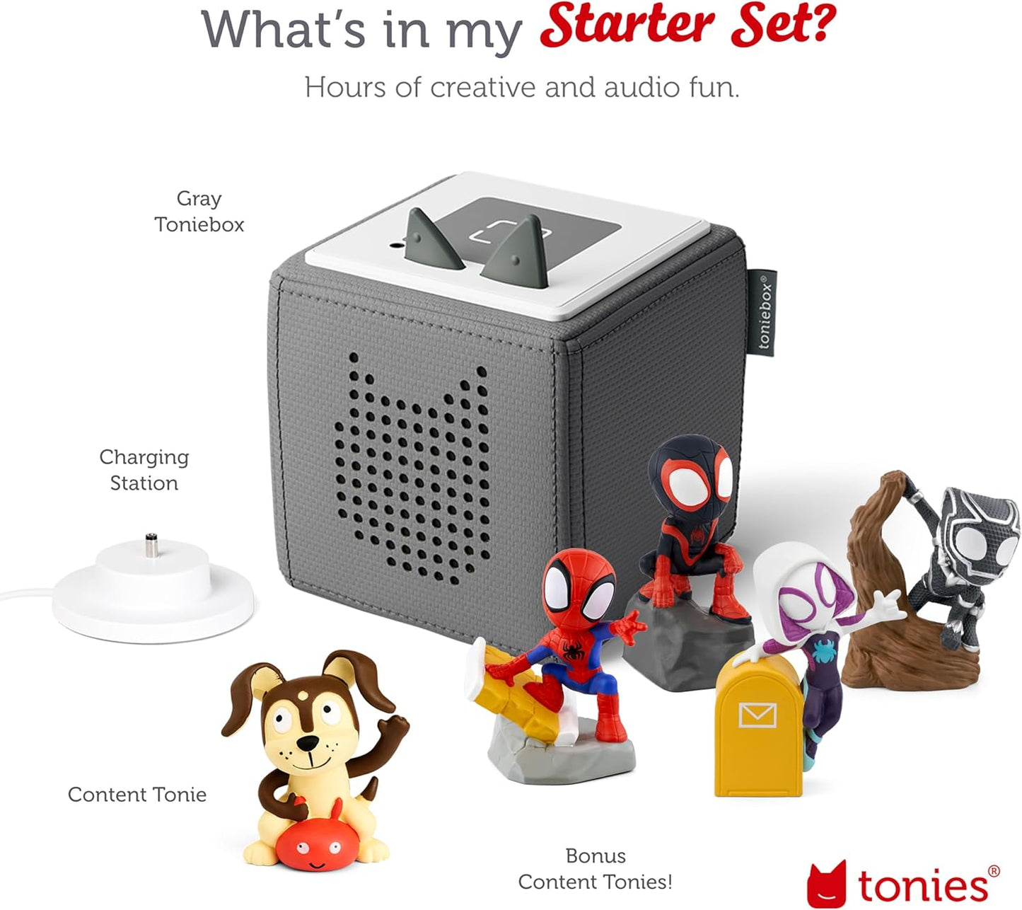 Toniebox Spidey and His Amazing Friends Starter Set with Spidey, Ghost-Spider, Spin, Black Panther, and Playtime Puppy - Includes Toniebox Audio Player - Gray